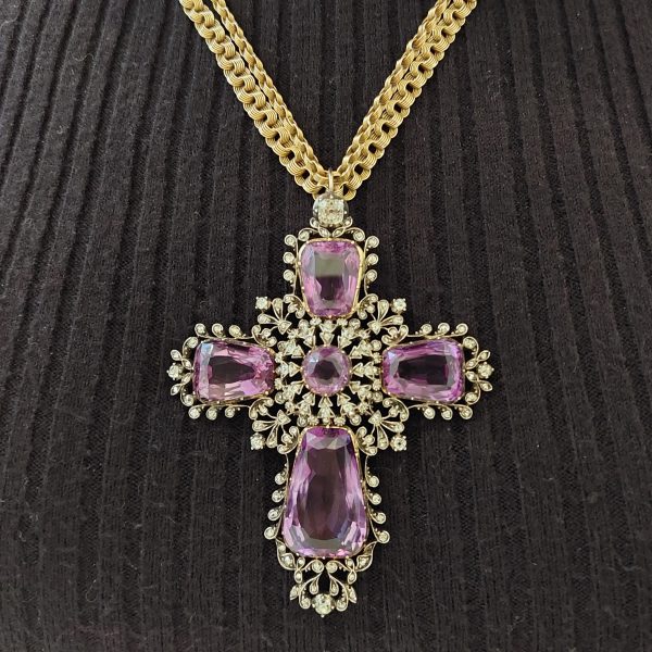 Antique Amethyst and Old Cut Diamond Cross Pendant and Chain