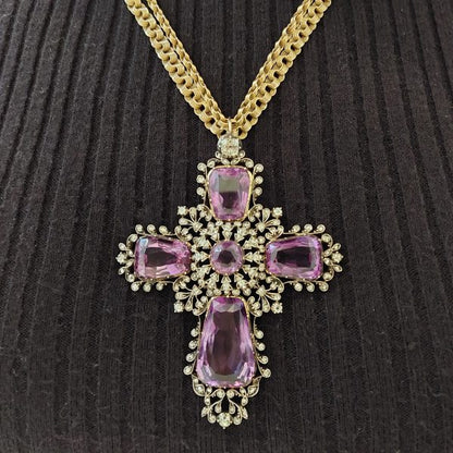 Antique Amethyst and Old Cut Diamond Cross Pendant and Chain