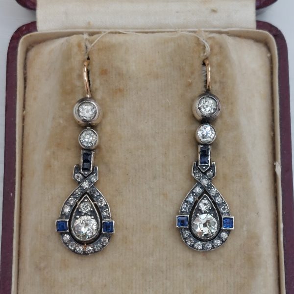 Antique Art Deco 1.50ct Diamond and Sapphire Drop Earrings