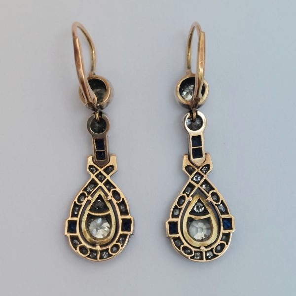 Antique Art Deco 1.50ct Diamond and Sapphire Drop Earrings
