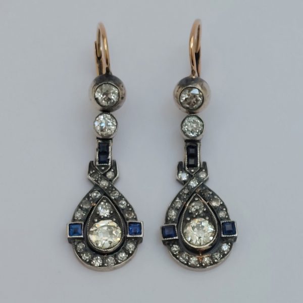 Antique Art Deco 1.50ct Diamond and Sapphire Drop Earrings