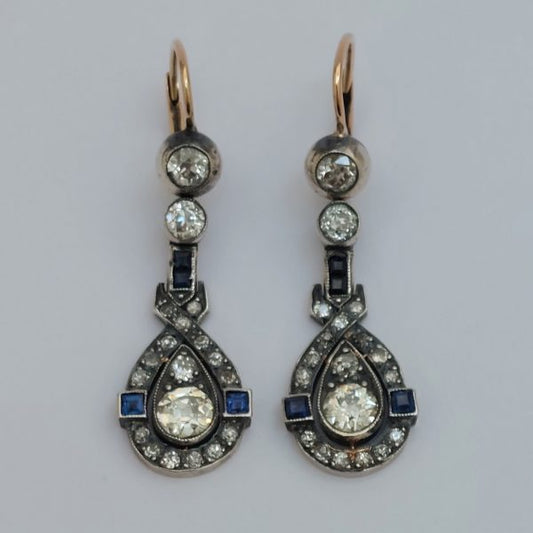 Antique Art Deco 1.50ct Diamond and Sapphire Drop Earrings
