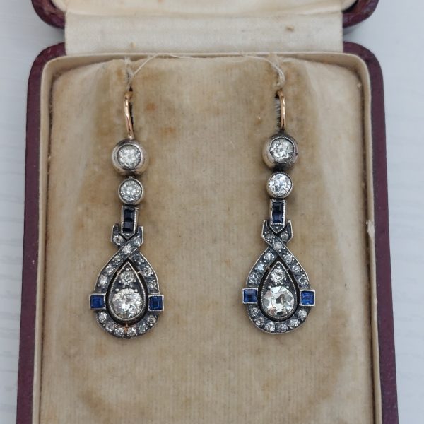 Antique Art Deco 1.50ct Diamond and Sapphire Drop Earrings