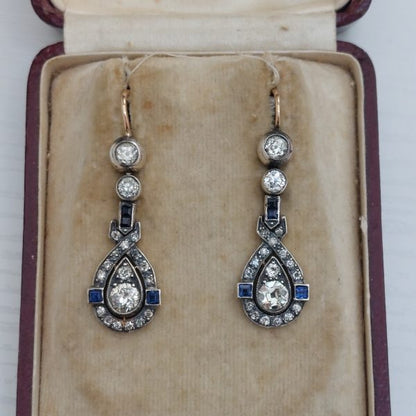 Antique Art Deco 1.50ct Diamond and Sapphire Drop Earrings