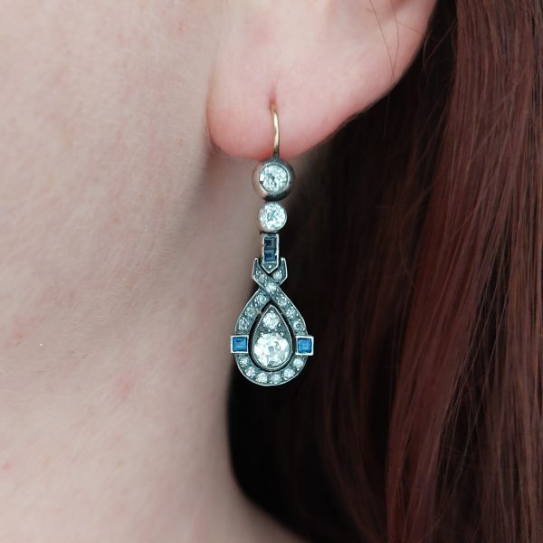 Antique Art Deco 1.50ct Diamond and Sapphire Drop Earrings 7