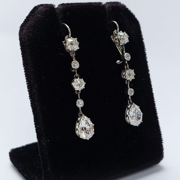 Antique Art Deco 3.50ct Old Mine Cut Diamond Drop Earrings