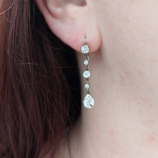 Antique Art Deco 3.50ct Old Mine Cut Diamond Drop Earrings