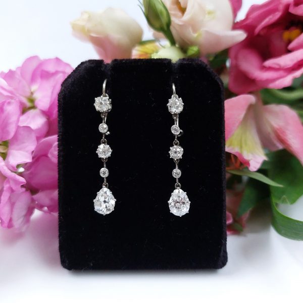 Antique Art Deco 3.50ct Old Mine Cut Diamond Drop Earrings