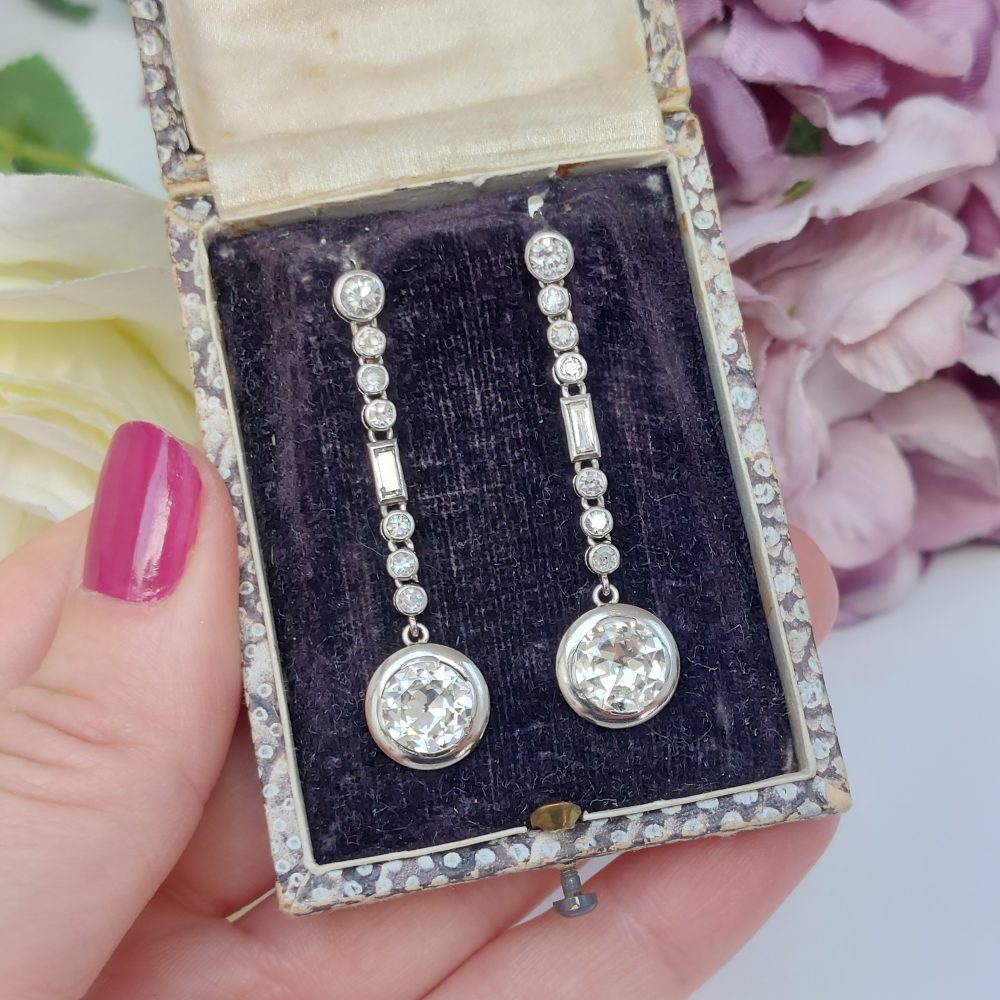 Antique Art Deco 4cts Old Brilliant Cut Diamond Drop Earrings