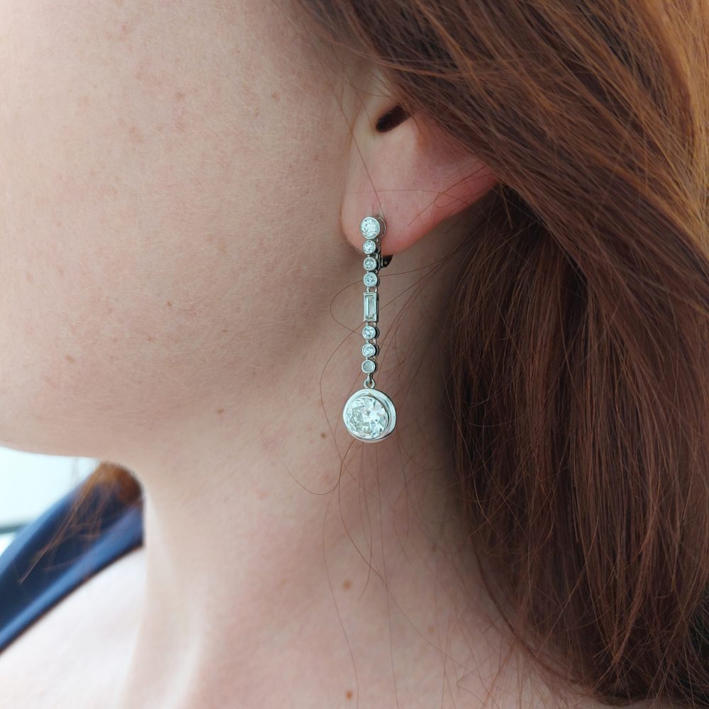 Antique Art Deco 4cts Old Brilliant Cut Diamond Drop Earrings
