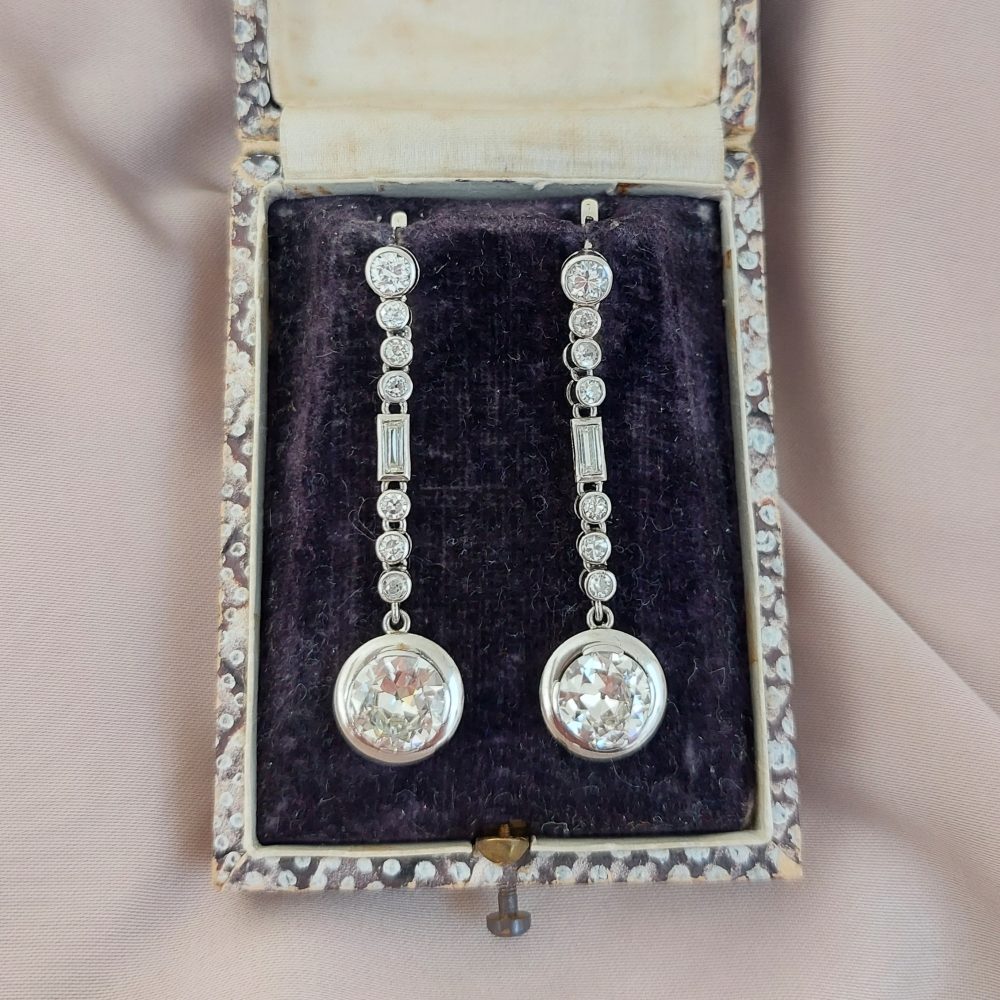 Antique Art Deco 4cts Old Brilliant Cut Diamond Drop Earrings