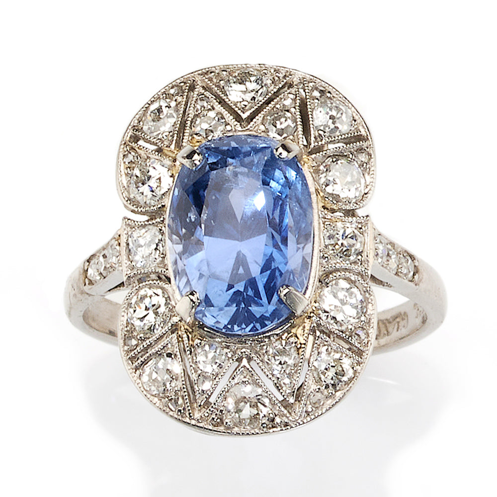 Antique Art Deco 5.09ct Sapphire and Diamond Plaque Ring