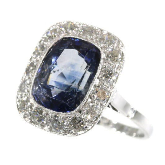 Antique Art Deco 7ct Sapphire Diamond Cluster Ring