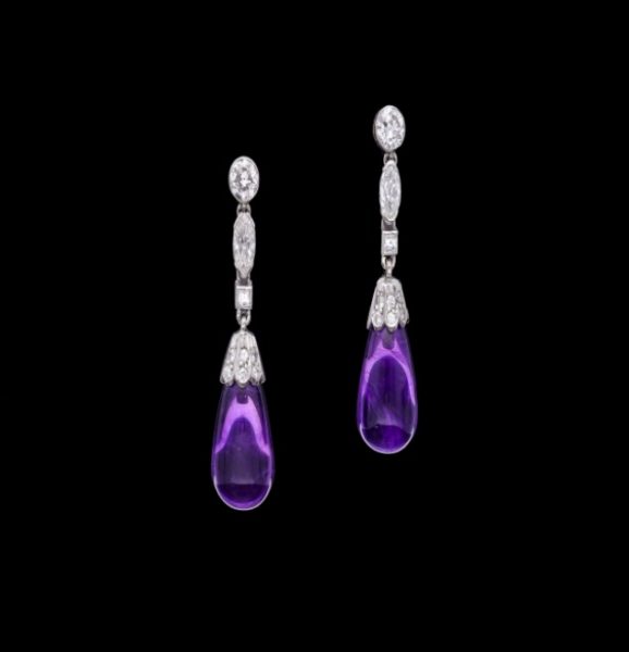 Antique Art Deco Amethyst Diamond Drop Earrings