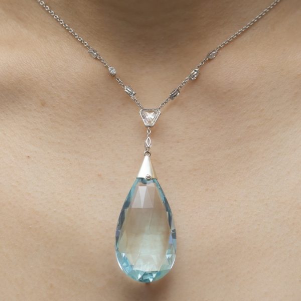Antique Art Deco Aquamarine & Diamond Pendant
