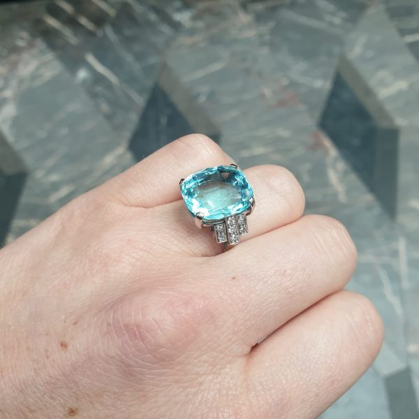 Antique Art Deco Aquamarine and Diamond Dress Ring