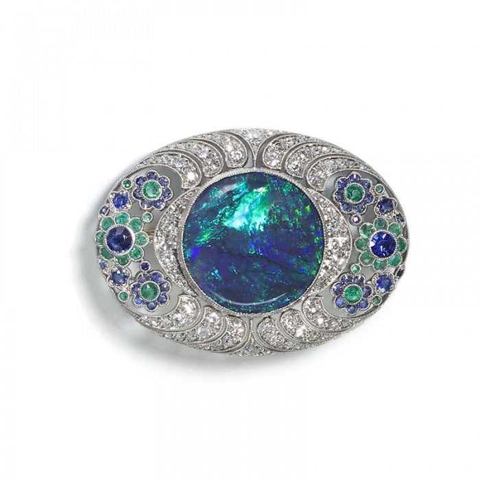 Antique Art Deco Black Opal Diamond Brooch