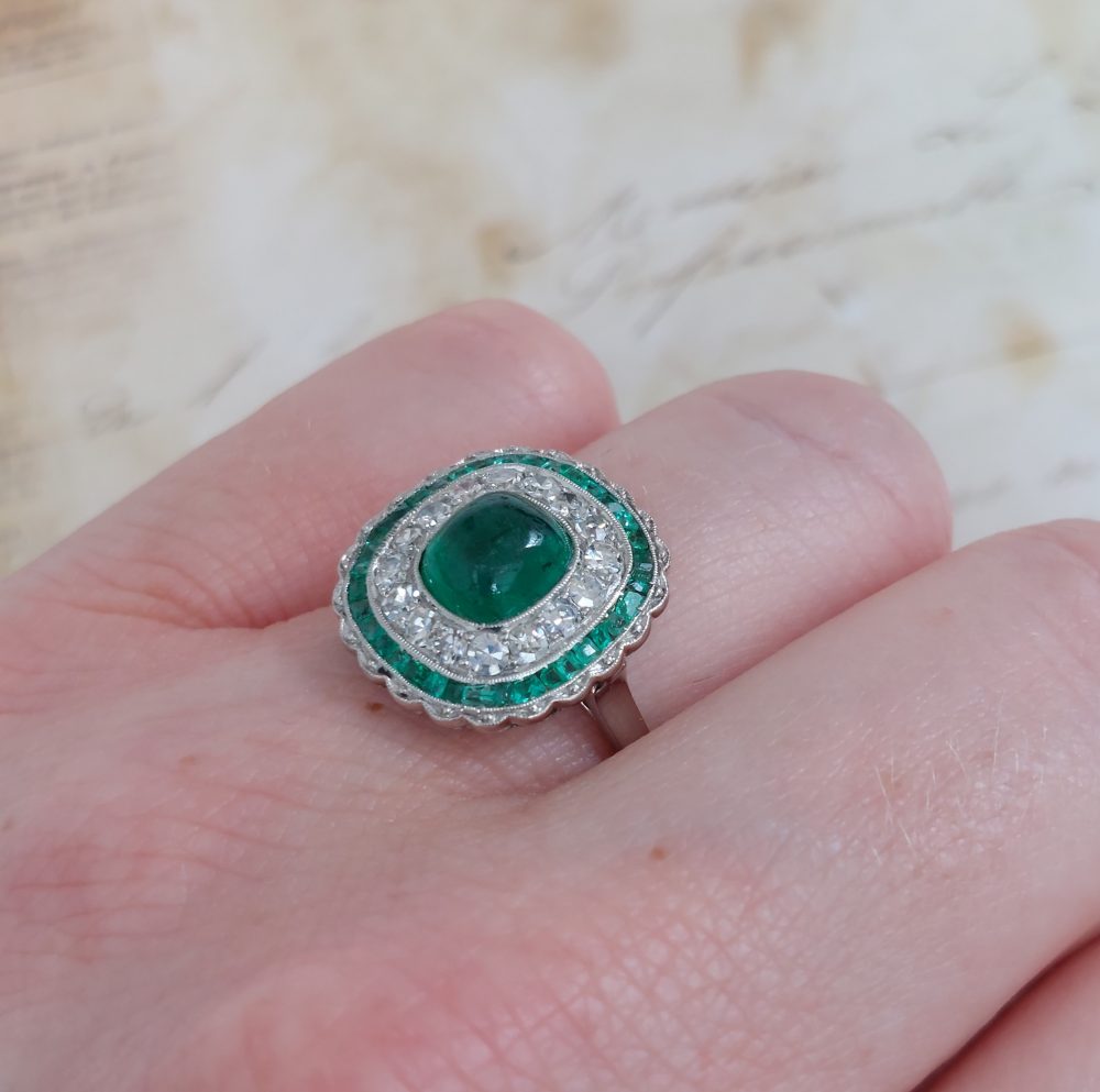 Antique Art Deco Cabochon Emerald and Diamond Target Ring