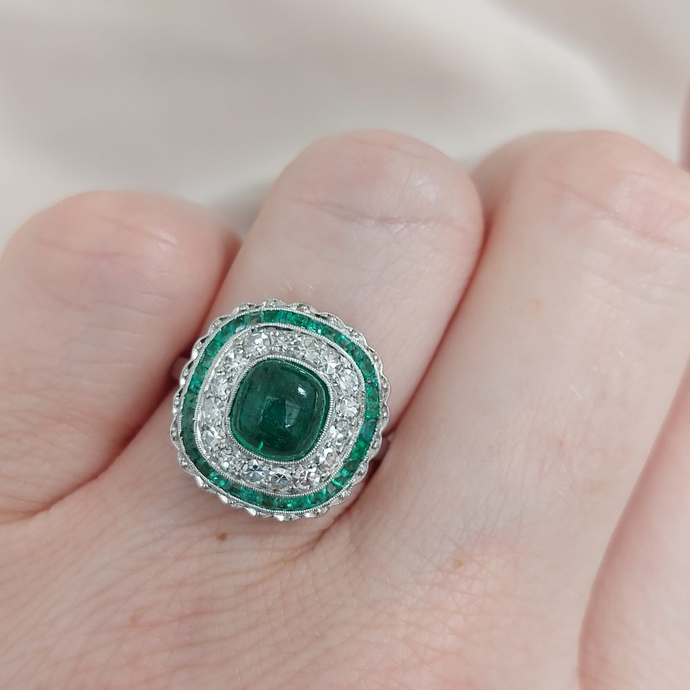 Antique Art Deco Cabochon Emerald and Diamond Target Ring
