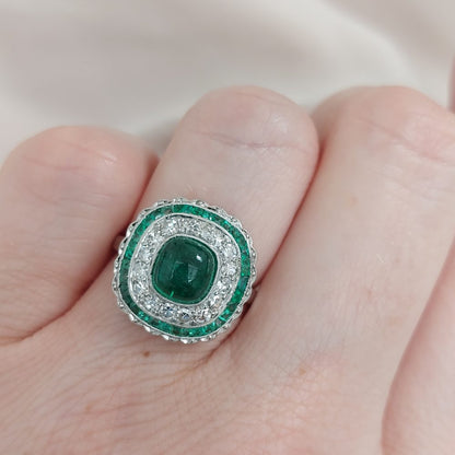 Antique Art Deco Cabochon Emerald and Diamond Target Ring