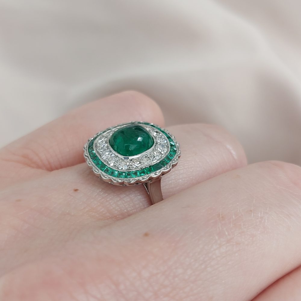 Antique Art Deco Cabochon Emerald and Diamond Target Ring