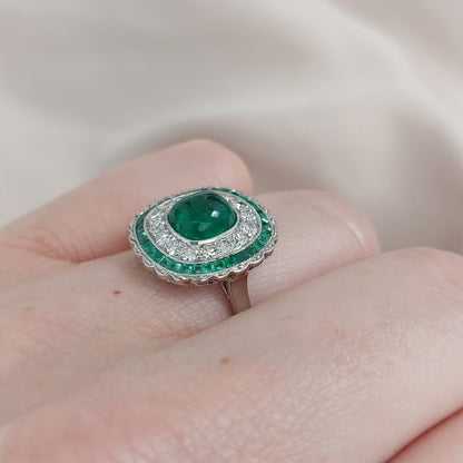 Antique Art Deco Cabochon Emerald and Diamond Target Ring