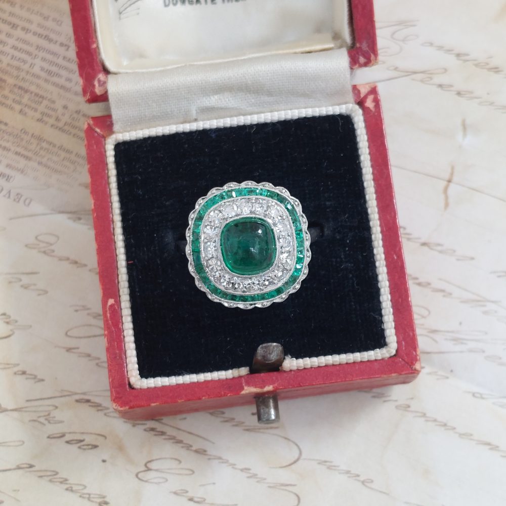 Antique Art Deco Cabochon Emerald and Diamond Target Ring