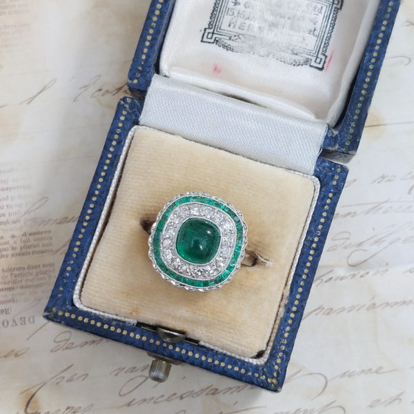 Antique Art Deco Cabochon Emerald and Diamond Target Ring