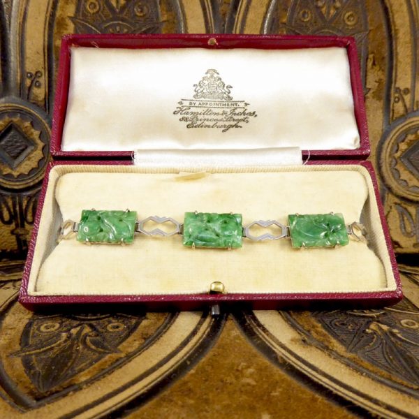 Antique Art Deco Carved Jade Link Bracelet in Original Box