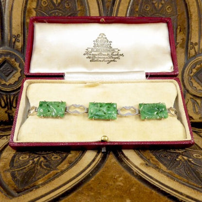 Antique Art Deco Carved Jade Link Bracelet in Original Box