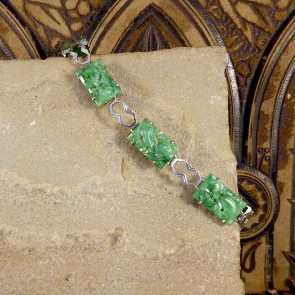 Antique Art Deco Carved Jade Link Bracelet in Original Box