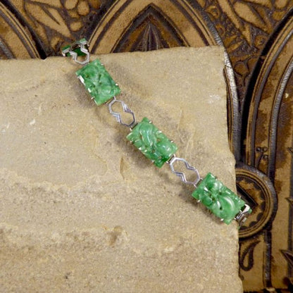 Antique Art Deco Carved Jade Link Bracelet in Original Box