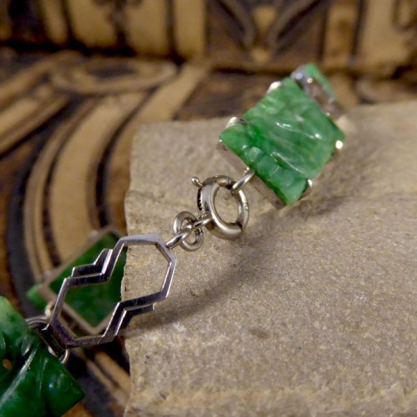 Antique Art Deco Carved Jade Link Bracelet in Original Box