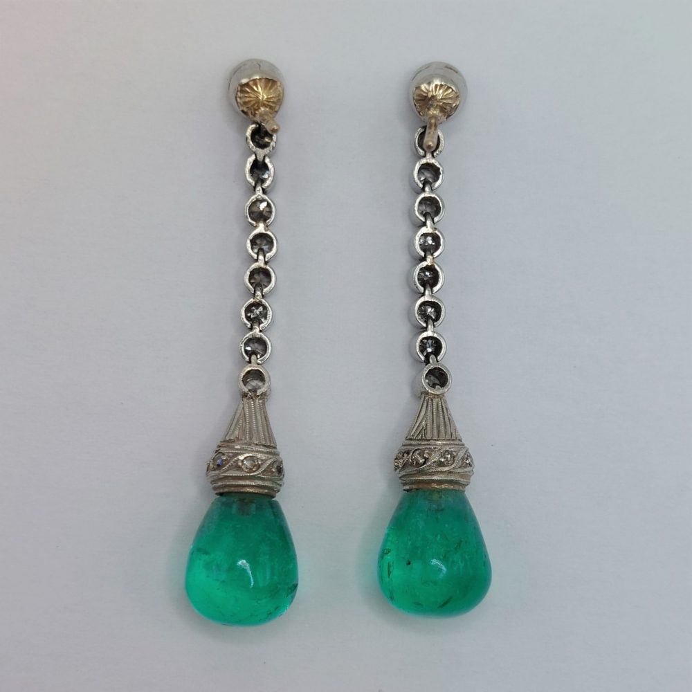 Antique Art Deco Colombian 10ct Emerald and Diamond Drop Earrings