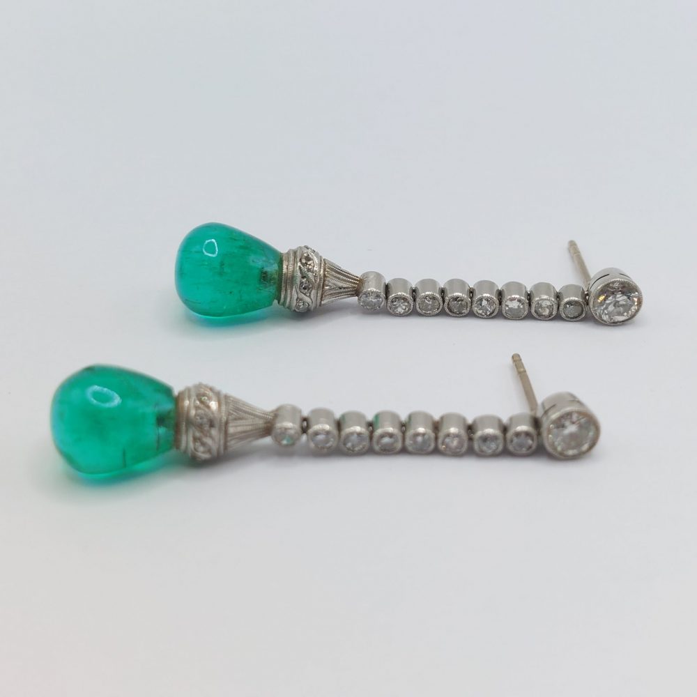 Antique Art Deco Colombian 10ct Emerald and Diamond Drop Earrings