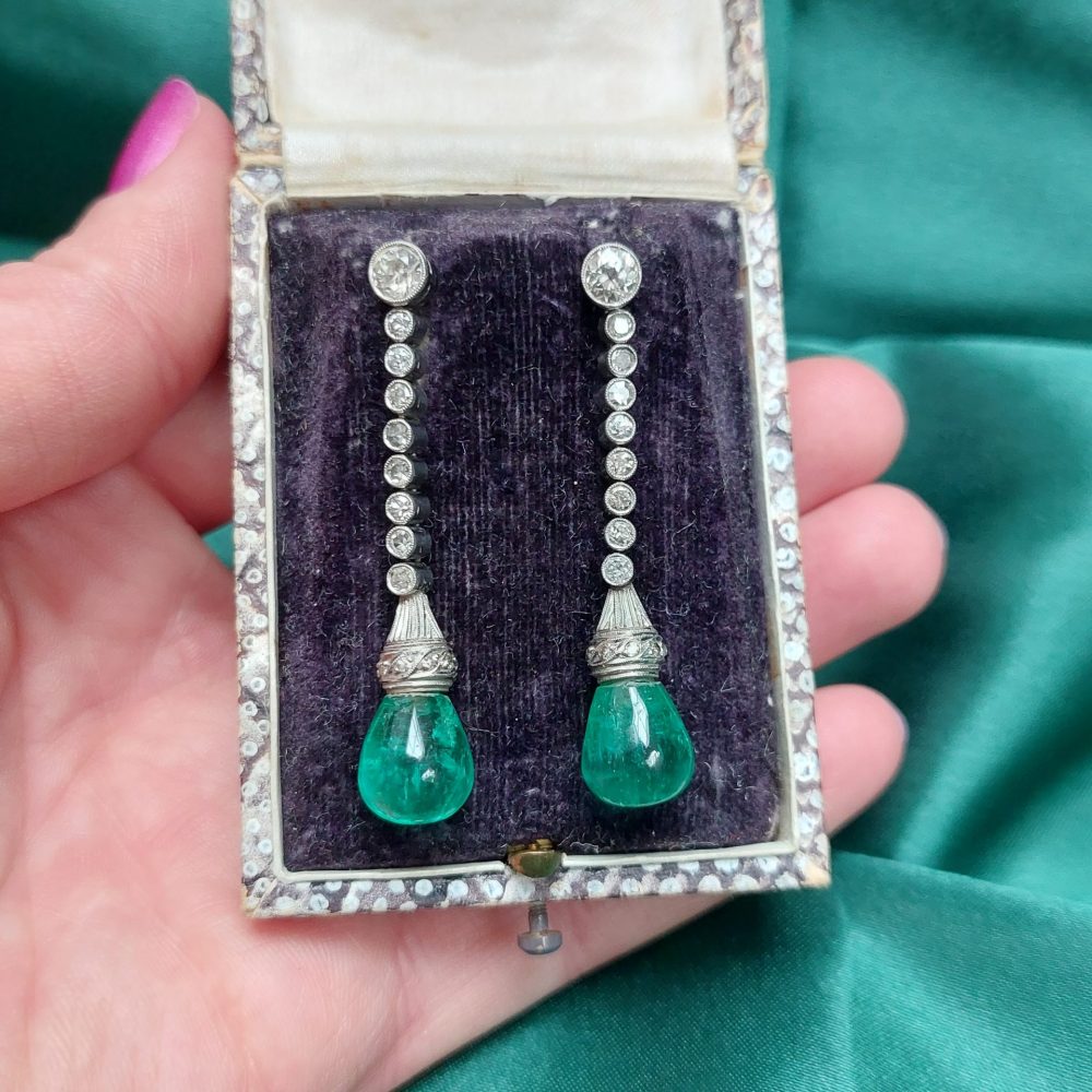 Antique Art Deco Colombian 10ct Emerald and Diamond drop Long Earrings