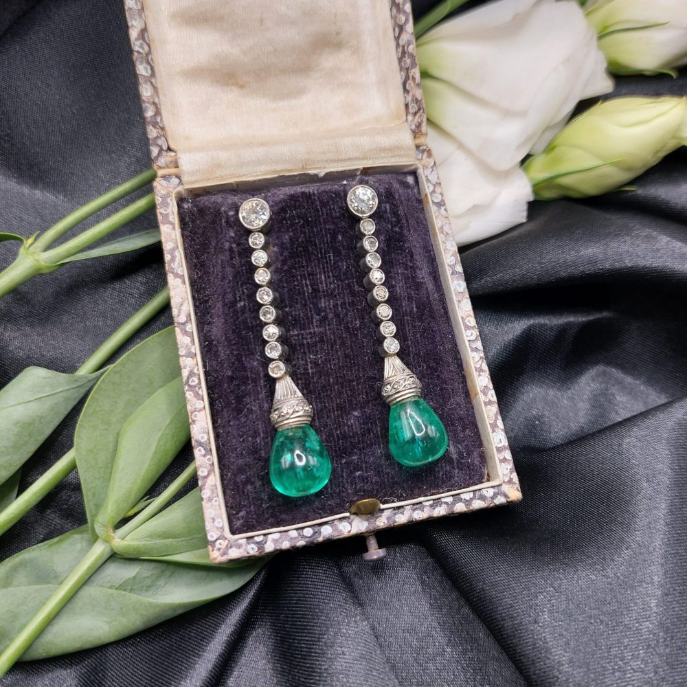 Antique Art Deco Colombian 10ct Emerald and Diamond Drop Earrings