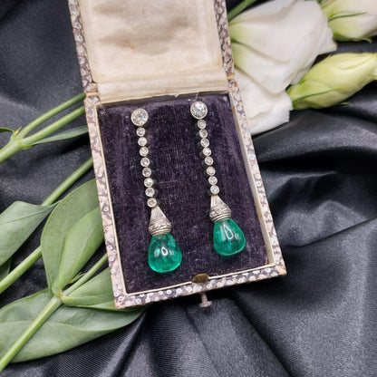 Antique Art Deco Colombian 10ct Emerald and Diamond Drop Earrings