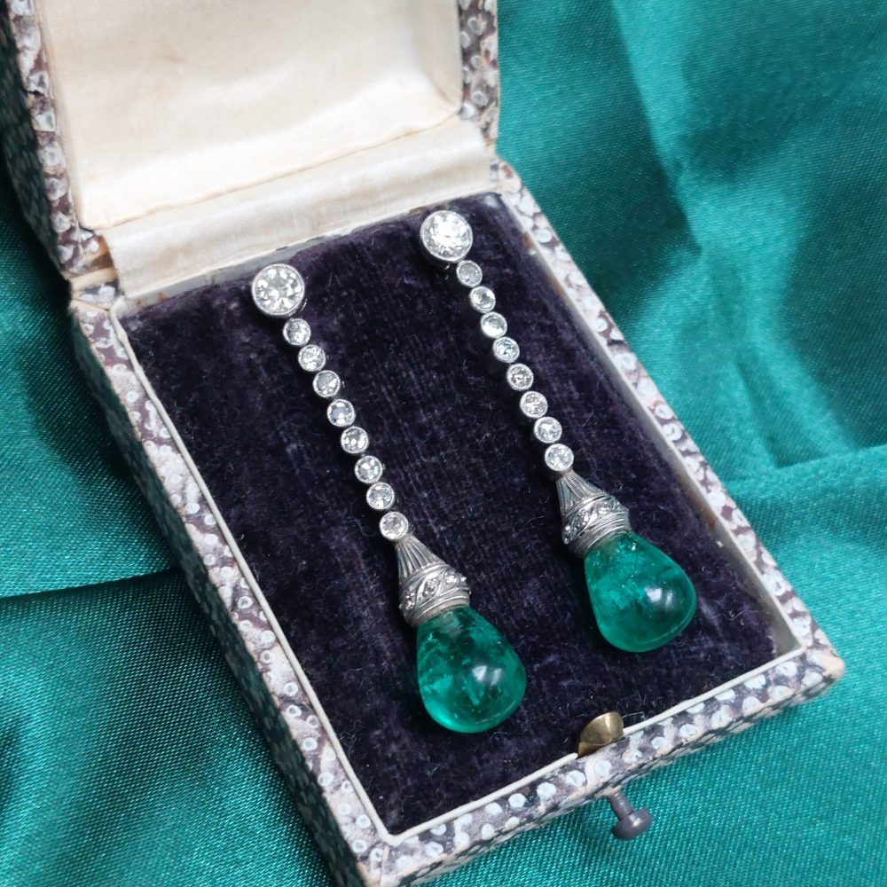 Antique Art Deco Colombian 10ct Emerald and Diamond Drop Earrings