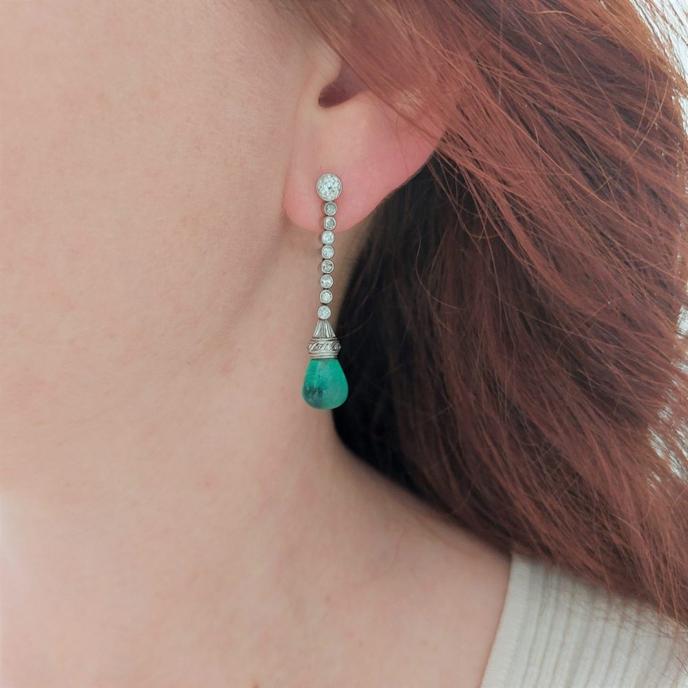 Antique Art Deco Colombian 10ct Emerald and Diamond Drop Earrings