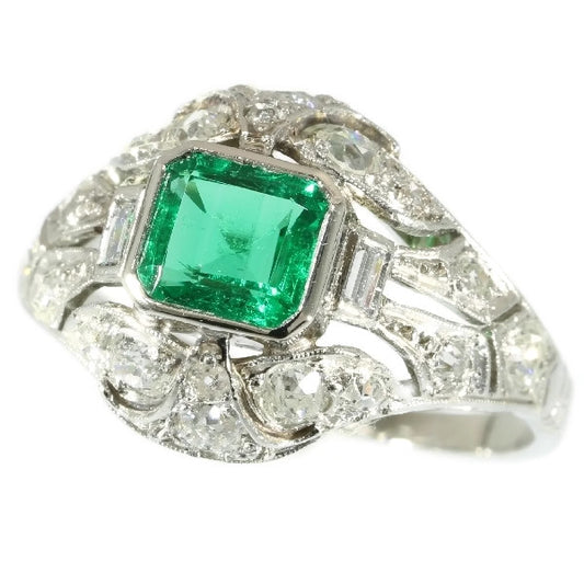 Antique Art Deco Columbian Emerald Diamond Platinum Ring