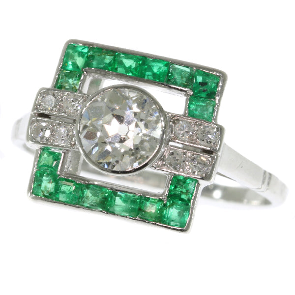 Antique Art Deco Diamond Emerald Platinum Ring