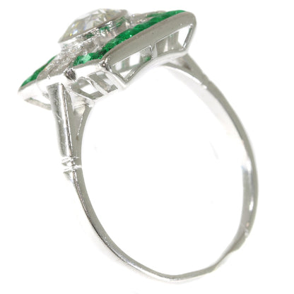 Antique Art Deco Diamond Emerald Platinum Ring