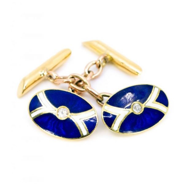Antique Art Deco Diamond & Enamel Gold Cufflinks