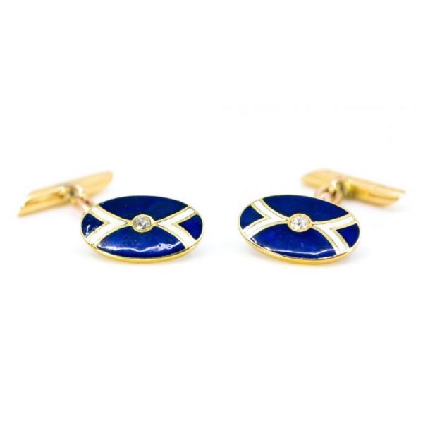 Antique Art Deco Diamond & Enamel Gold Cufflinks