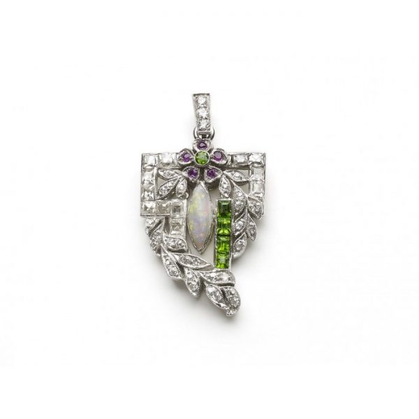 Antique Art Deco Diamond, Opal and Green Garnet Pendant