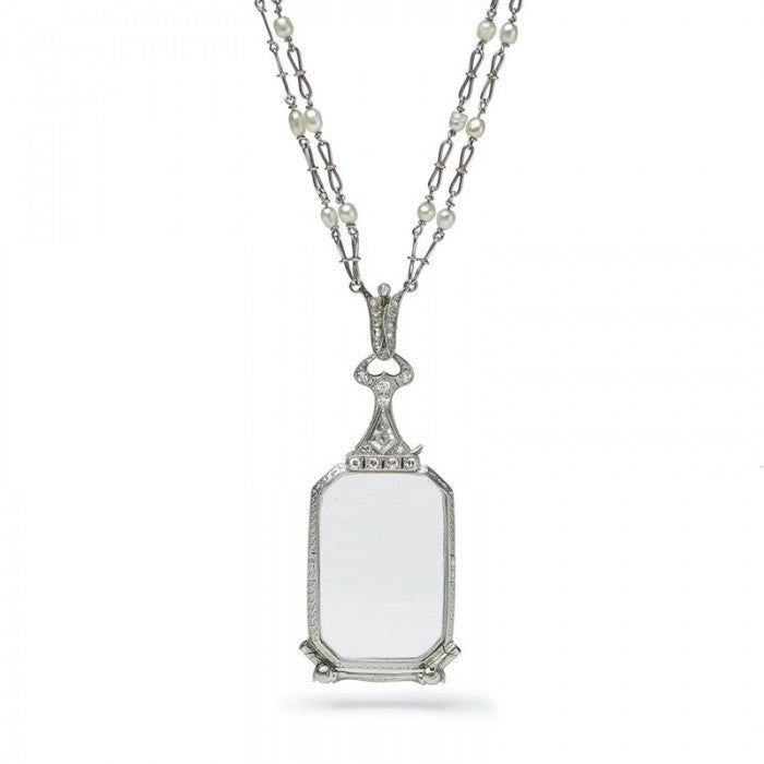 Antique Art Deco Diamond Pearl Platinum Lorgnette and Chain