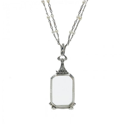 Antique Art Deco Diamond Pearl Platinum Lorgnette and Chain