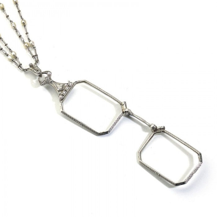 Antique Art Deco Diamond Pearl Platinum Lorgnette and Chain