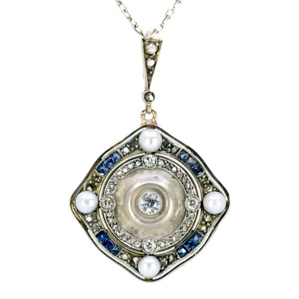 Antique Art Deco Diamond, Pearl and Sapphire Pendant